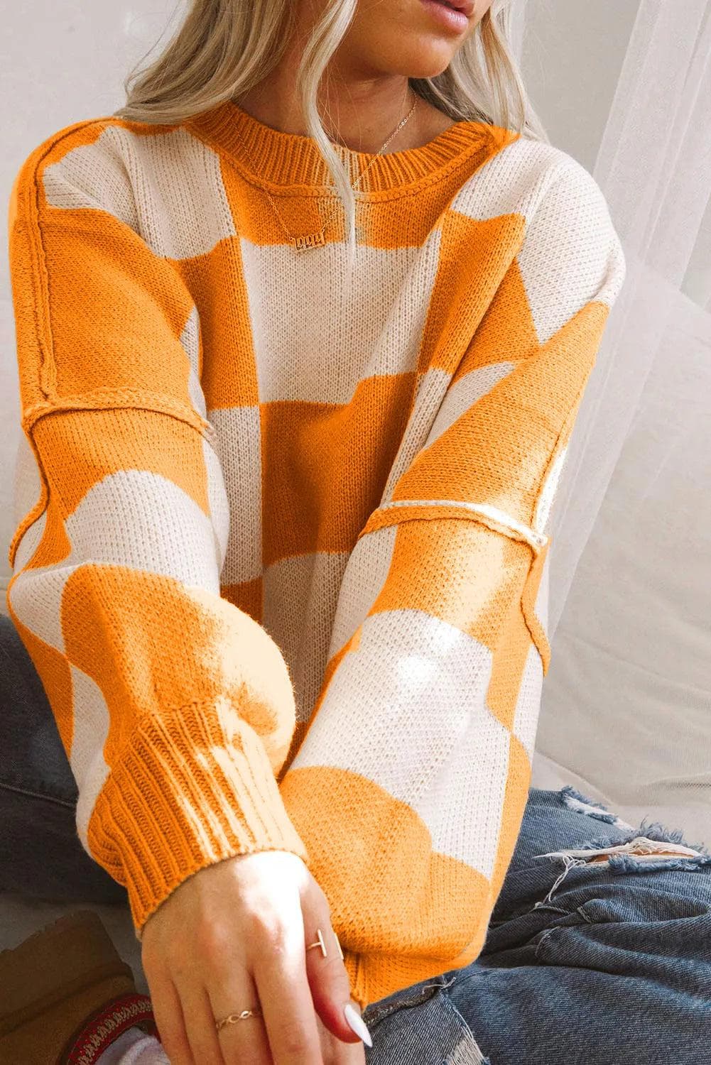 Tops/Sweaters & Cardigans Orange Checkered Bishop Sleeve Sweater