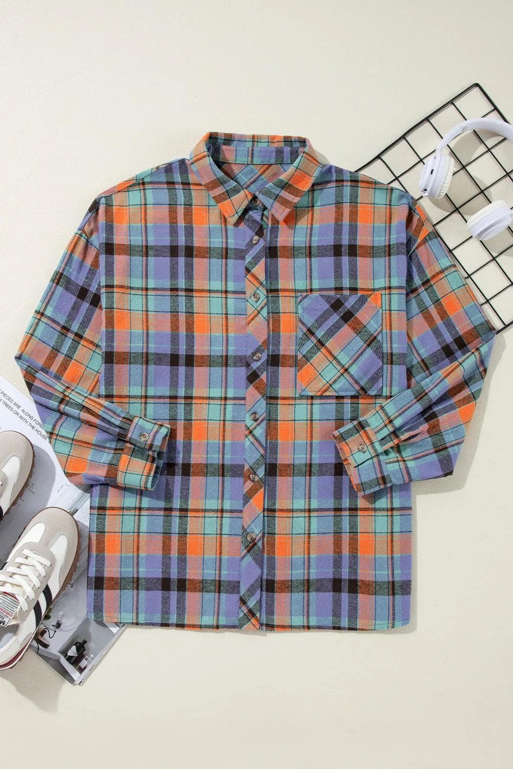 Plus Size/Plus Size Tops/Plus Size Blouses & Shirts Orange Plus Size Plaid Print Buttoned Shirt