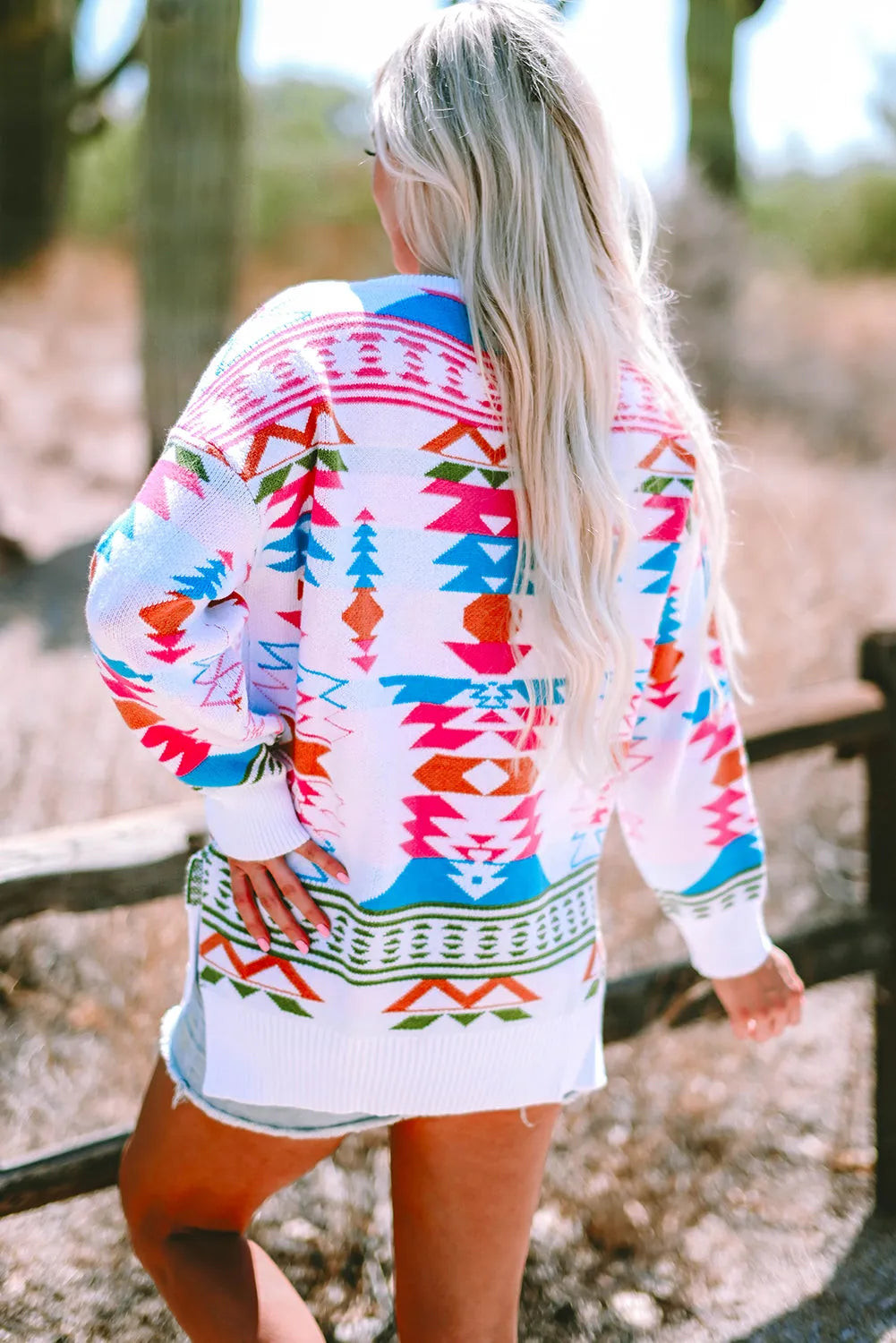 White Oversize Aztec Print High Low V Neck Sweater - Chic Meadow Boutique 