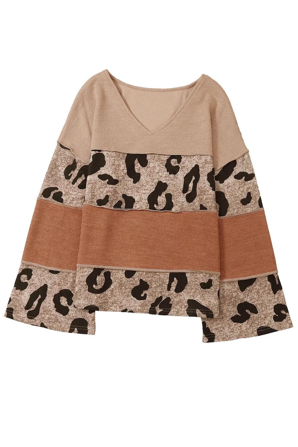 Leopard Colorblock Patchwork V-Neck Loose Sleeve Knit Top - Chic Meadow Boutique 