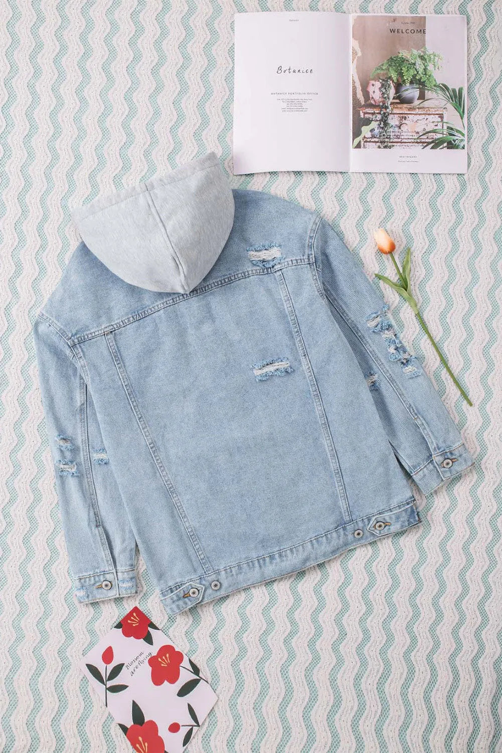 Sky Blue Button Closure Ripped Hooded Denim Jacket - Chic Meadow Boutique 