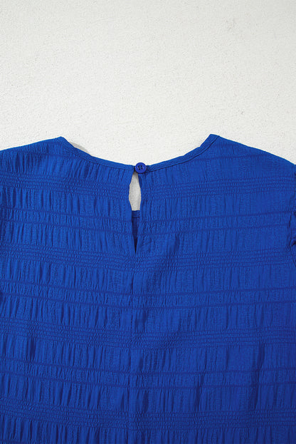 Dark Blue Textured Flutter Sleeve Ruffled Mini Dress