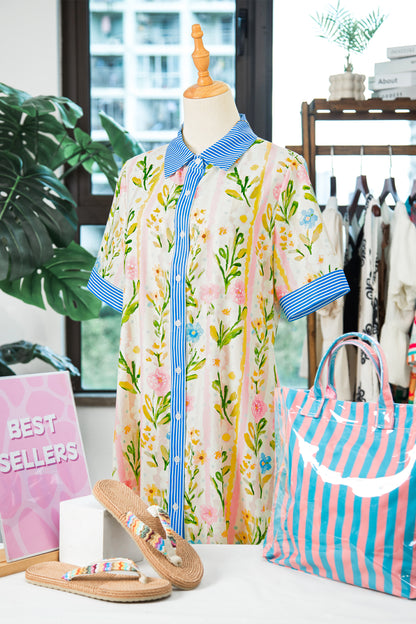 Multicolour Floral Print Striped Trim Button Down Shift Dress