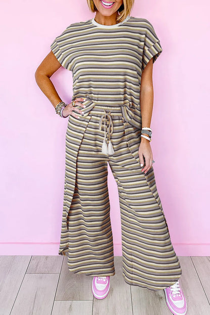 Black Stripe Rainbow Tee Tasseled String Wide Leg Pants Set - Chic Meadow Boutique 