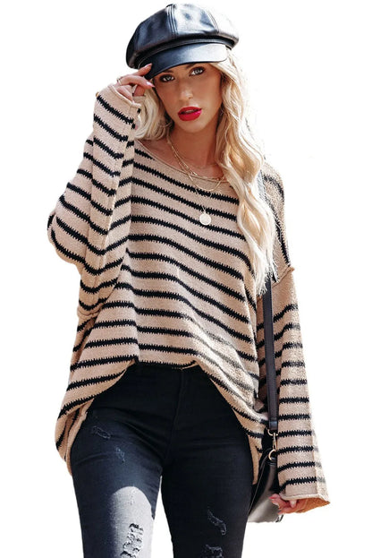 Striped Print Dropped Shoulder Loose Sleeve Sweater - Chic Meadow Boutique 