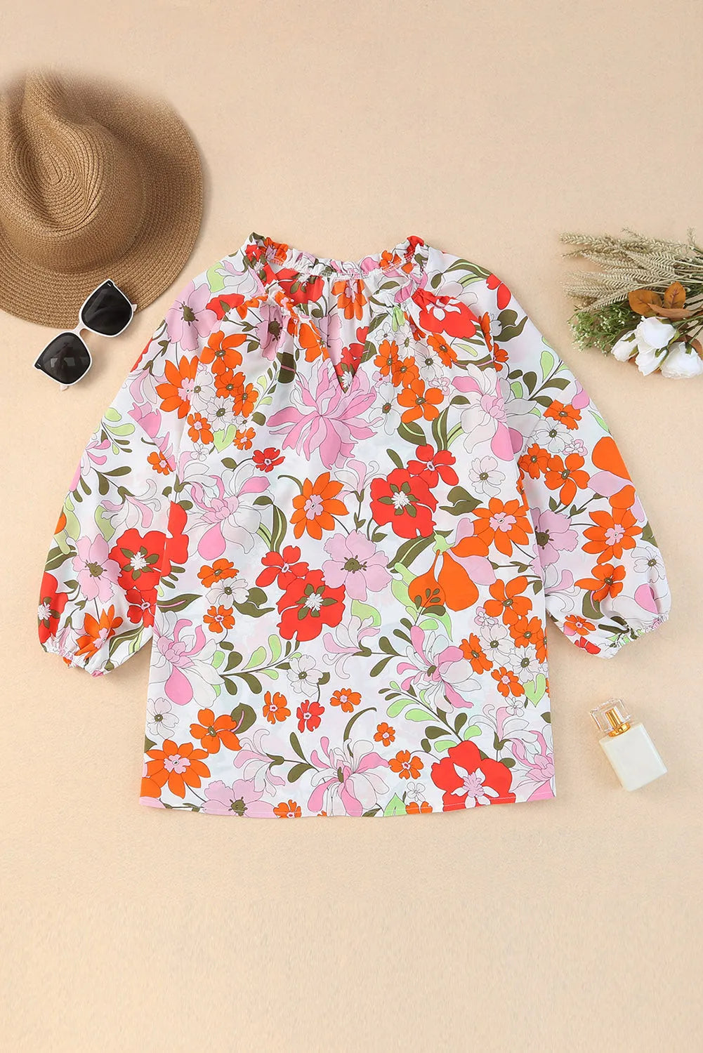 Orange Blooming Flowers Frill Trim Puff Sleeve Blouse - Chic Meadow Boutique 