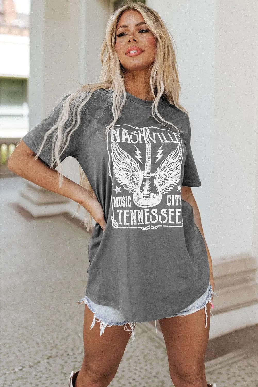 Gray Guitar Slogan Letter Graphic Print Oversized T Shirt - Chic Meadow Boutique 