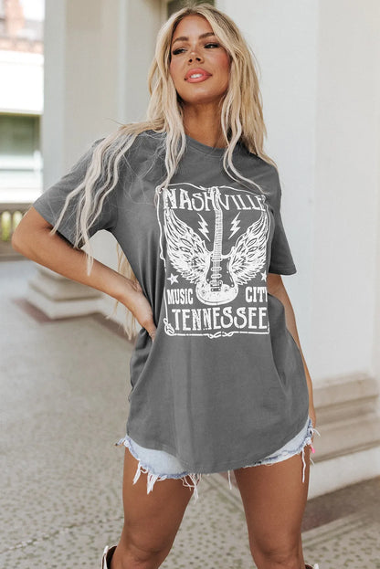 Gray Guitar Slogan Letter Graphic Print Oversized T Shirt - Chic Meadow Boutique 