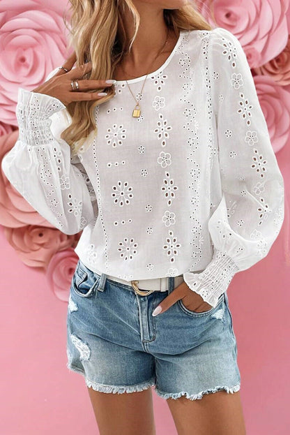 White Eyelet Embroidered Smocked Cuff Sheer Blouse