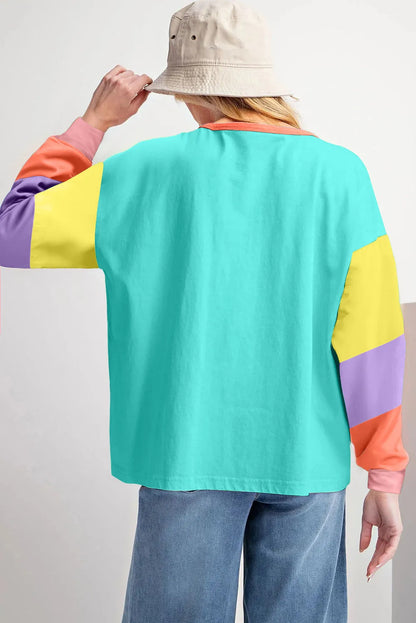 Light Blue Colorblock Patchwork Long Sleeve Loose Top - Chic Meadow Boutique 