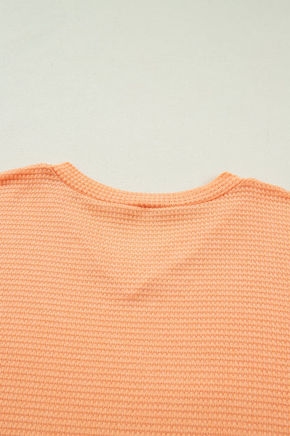 Grapefruit Orange Waffle V Neck Short Sleeve Knit Top