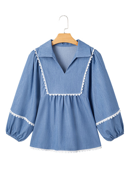 Dusk Blue Lace Ric Rac 3/4 Puff Sleeve Collared Babydoll Blouse
