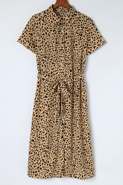 Khaki Leopard Turn-Down Collar Slit Midi Dress - Chic Meadow Boutique 