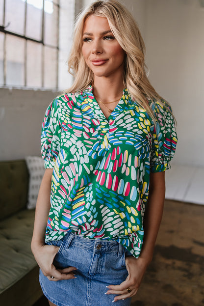 Green Brushwork Geometric Print Puff Sleeve Notched Neck Blouse