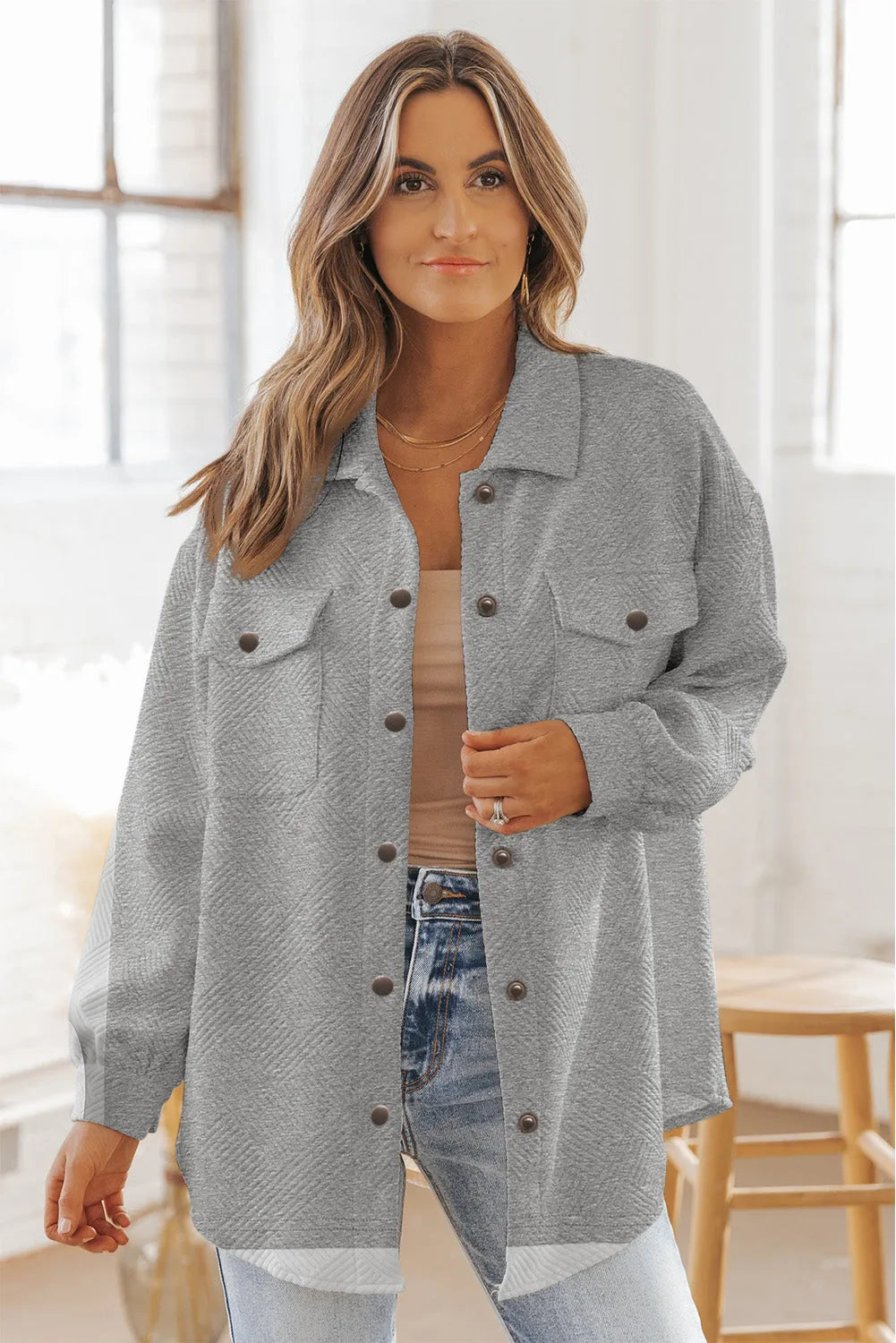 Gray Solid Textured Flap Pocket Buttoned Shacket - Chic Meadow Boutique 