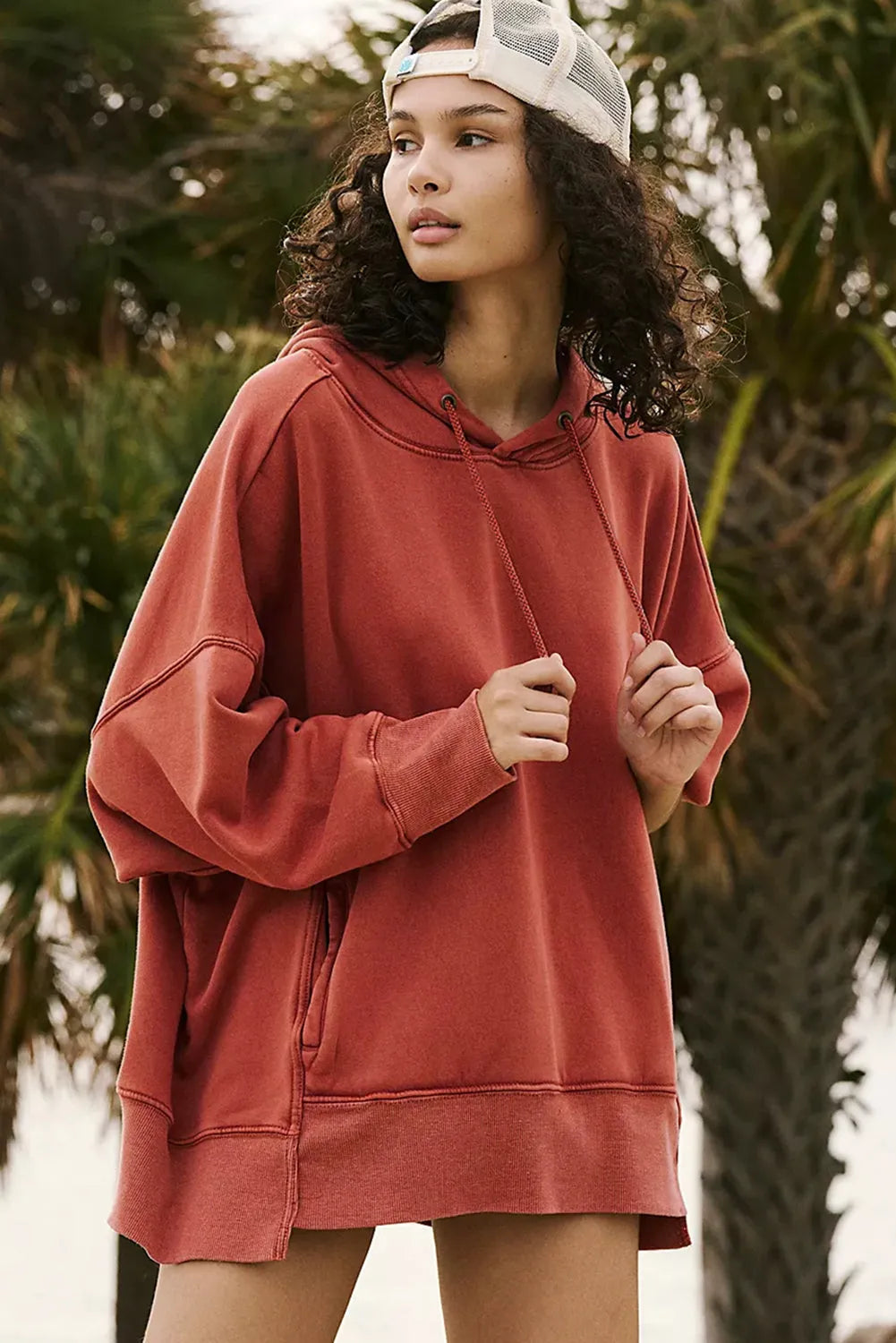 Red Clay Drop Shoulder Pocketed Baggy Drawstring Hoodie - Chic Meadow Boutique 