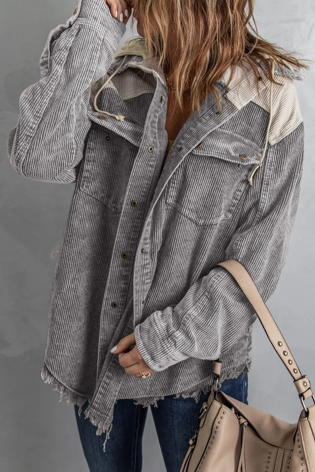 Gray Color Block Button Down Hooded Corduroy Jacket - Chic Meadow Boutique 