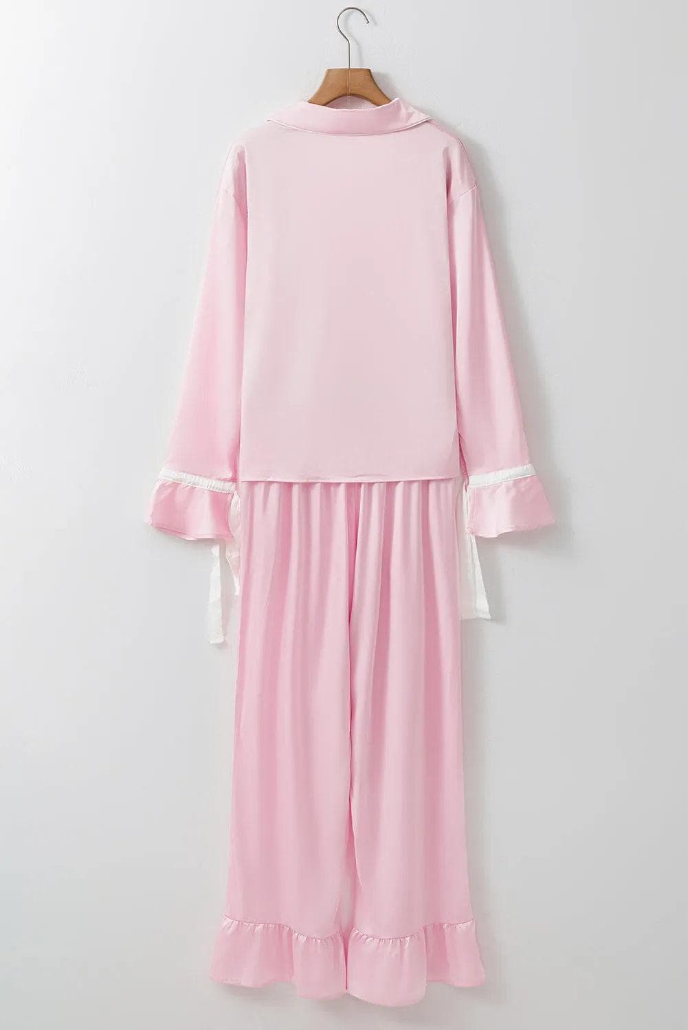 Loungewear & Sleepwear/Sleepwear Light Pink Satin Knot Accent Shirt and Ruffled Pants Lounge Set