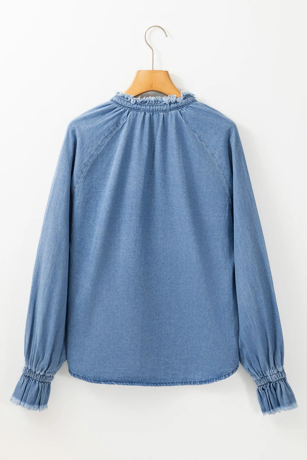 Sky Blue Frilled Raw Hem Half Buttoned Denim Top - Chic Meadow Boutique 