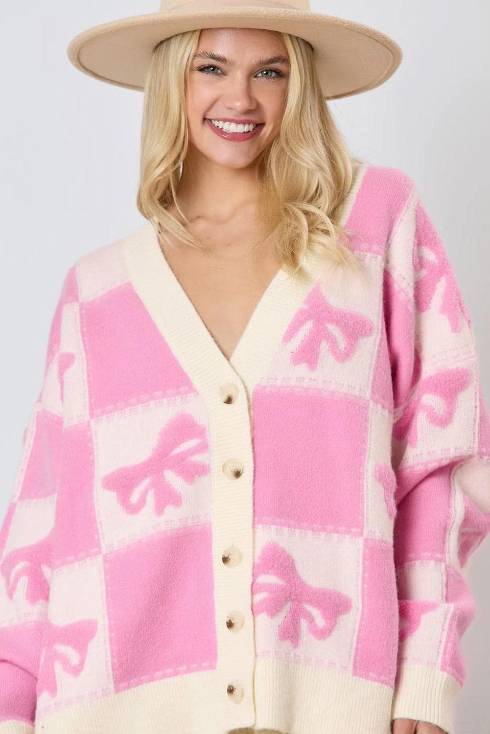 Sweaters & Cardigans/Cardigans Pink Bowknot Checkered Pattern V Neck Drop Shoulder Button Up Cardigan