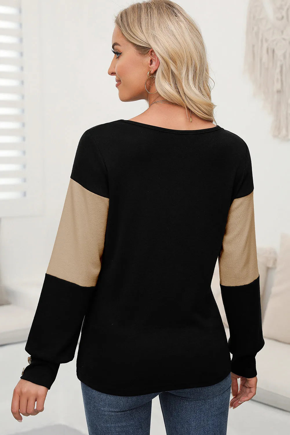 Parchment Colorblock Button Decor Long Sleeve V Neck Top - Chic Meadow Boutique 