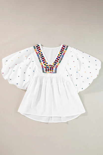 White Embroidered Puff Sleeve V Neck Blouse - Chic Meadow Boutique 