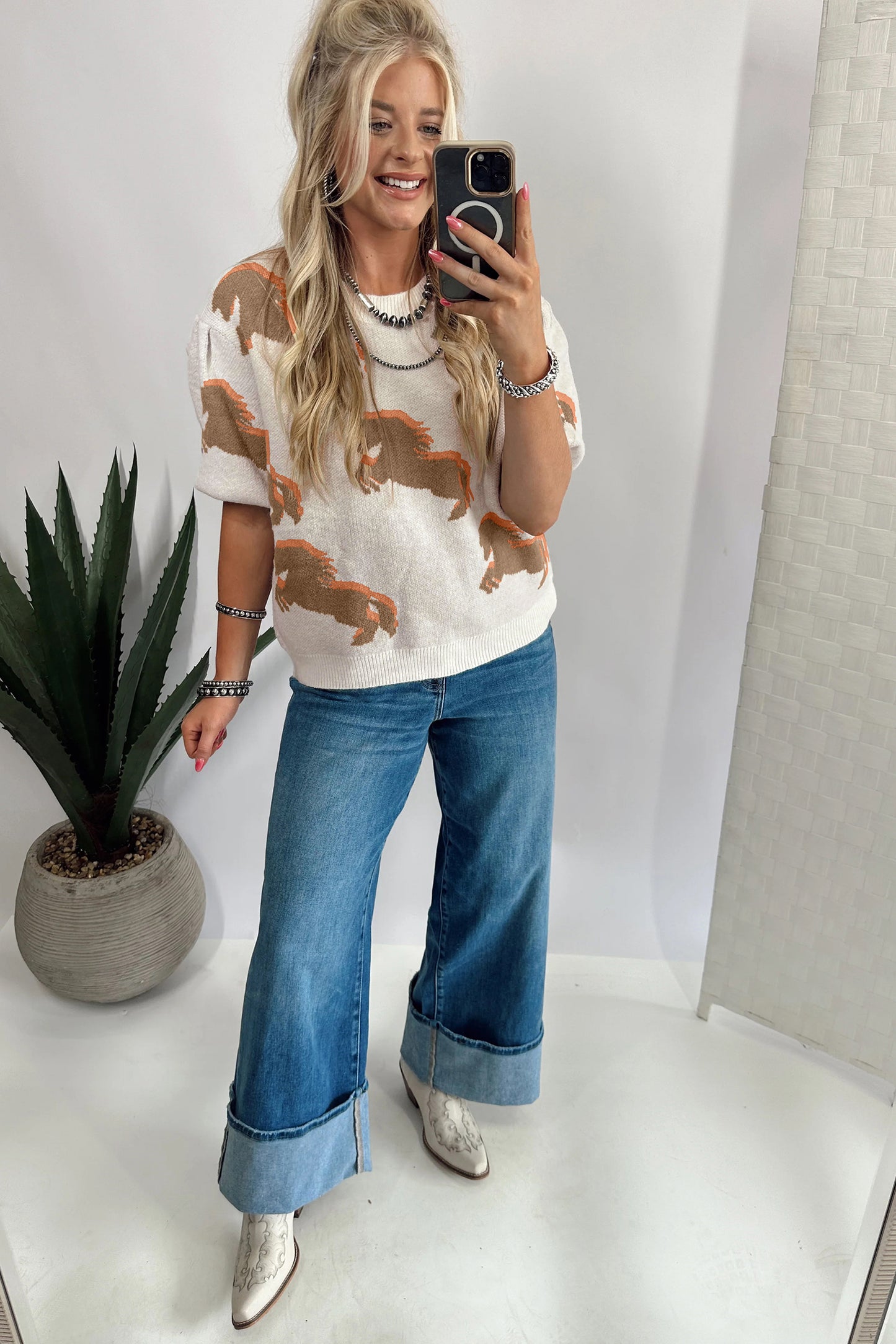 White Western Horse Printed Short Puff Sleeve Sweater