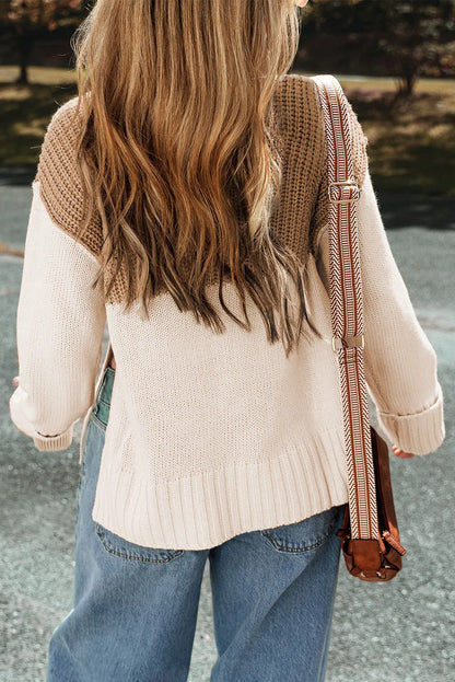 Parchment Cable Knit Color Block Side Splits High Neck Sweater - Chic Meadow Boutique 