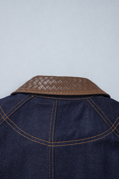 Navy Blue Contrast Collar Stitched Detail Button Denim Jacket