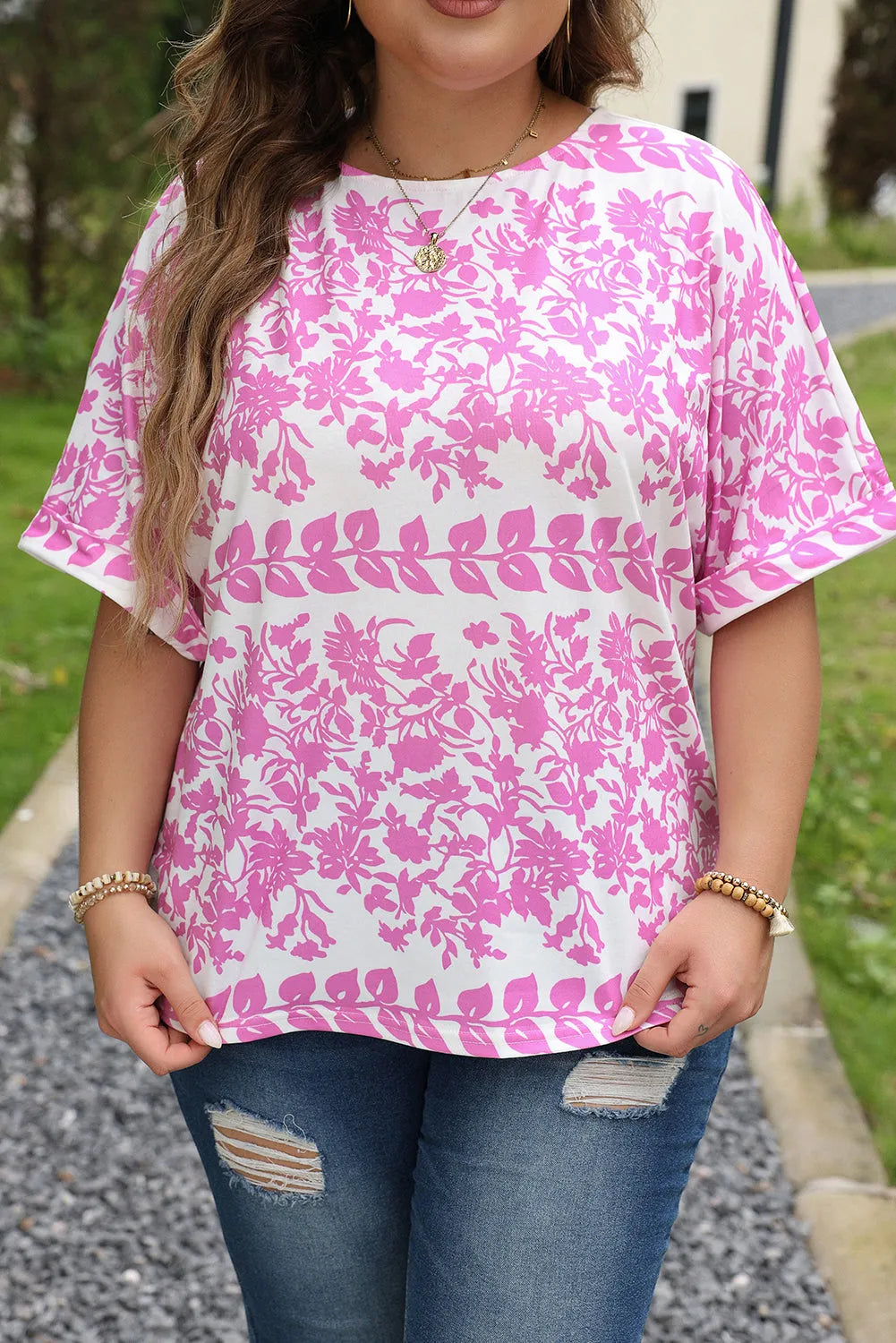 White Floral Printed Curved Hem Plus Size T Shirt - Chic Meadow Boutique 