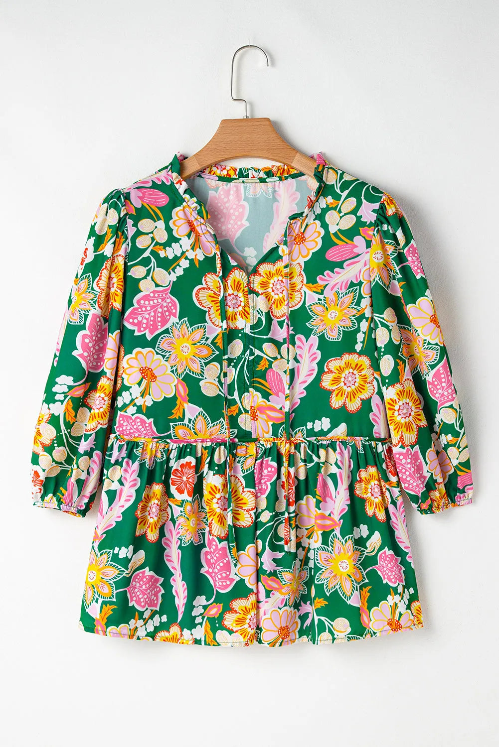 Green Floral Puff Sleeve V Neck Peplum Blouse - Chic Meadow Boutique 