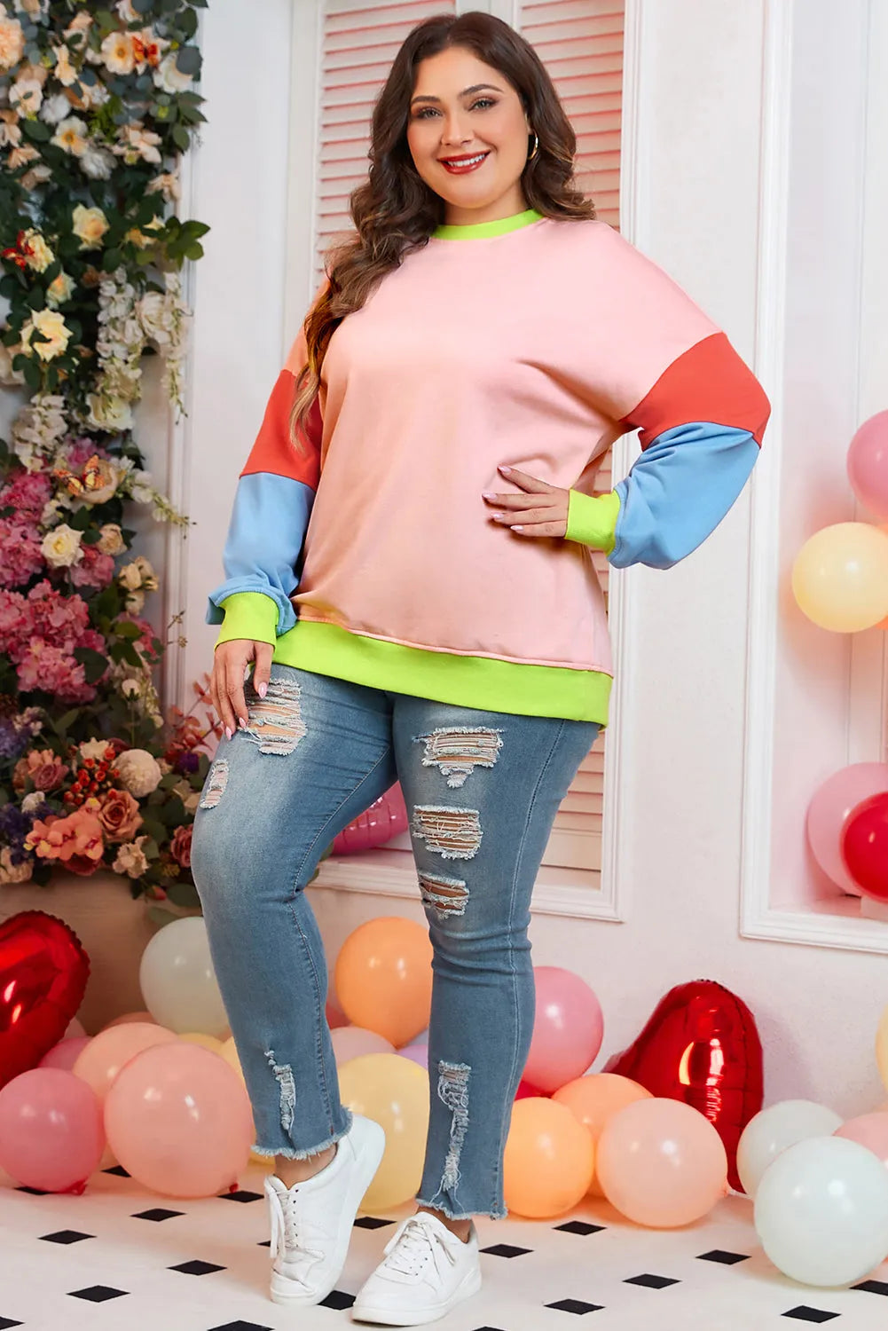 Light Pink Plus Size Colorblock Patchwork Crew Neck Sweatshirt - Chic Meadow Boutique 