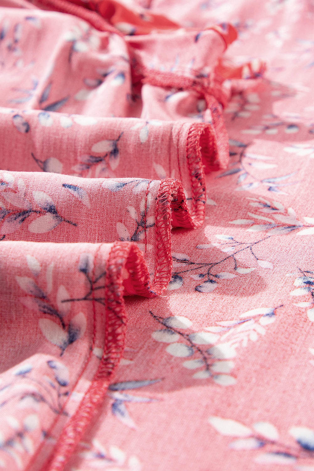 Red Floral Tie Split Neck Short Flounce Sleeve Crinkled Blouse