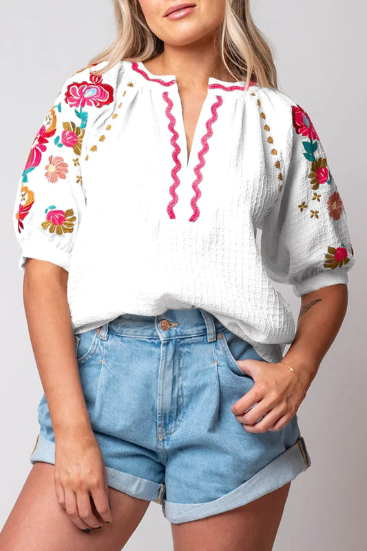 White Floral Embroidered Ricrac Puff Sleeve Textured Blouse - Chic Meadow Boutique 