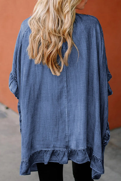 Dusk Blue Chambray Ruffle Hem Half Sleeve Open Loose Kimono - Chic Meadow Boutique 