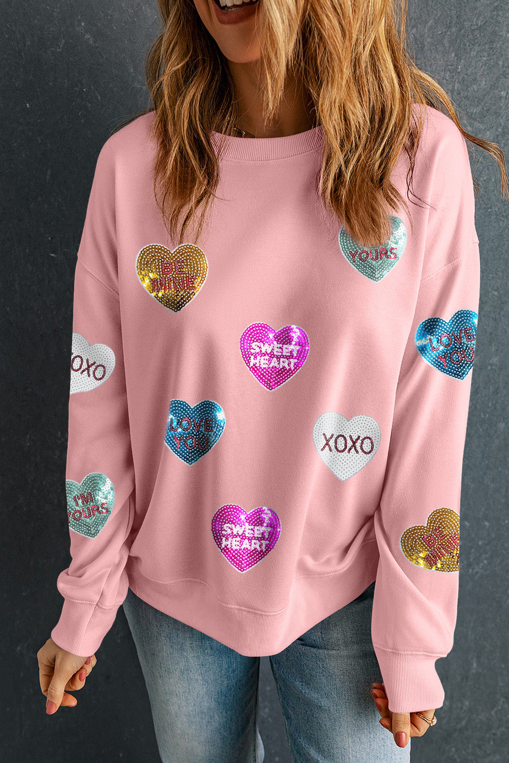 Pink Sequin Romantic Letters Heart Graphic Valentines Sweatshirt