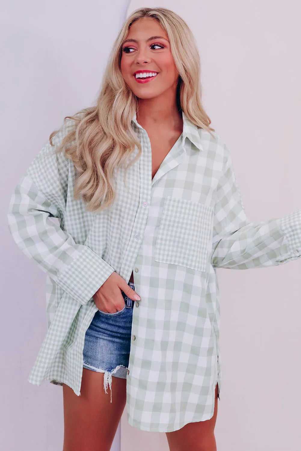 Tops/Blouses & Shirts Green Mix Checked Patchwork Long Sleeve Shirt