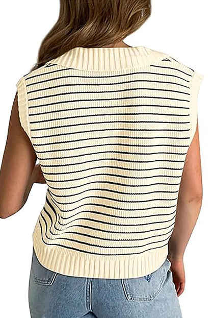 Beige Stripe Turn-down V Neck Sweater Tank Top - Chic Meadow Boutique 