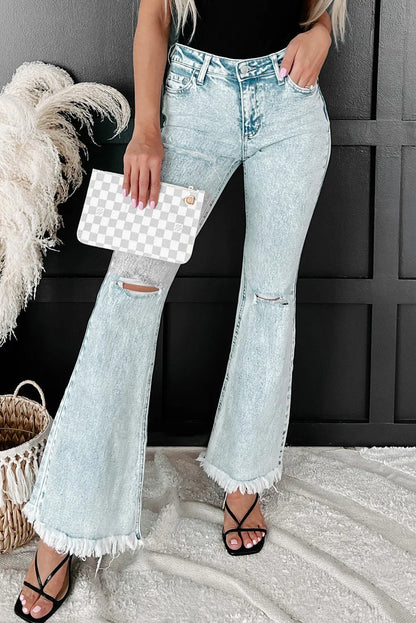 Sky Blue Distressed Acid Wash Flare Jeans - Chic Meadow Boutique 