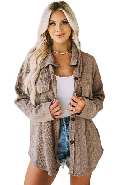 Khaki Oversize Textured Knit Button Front Shacket - Chic Meadow Boutique 