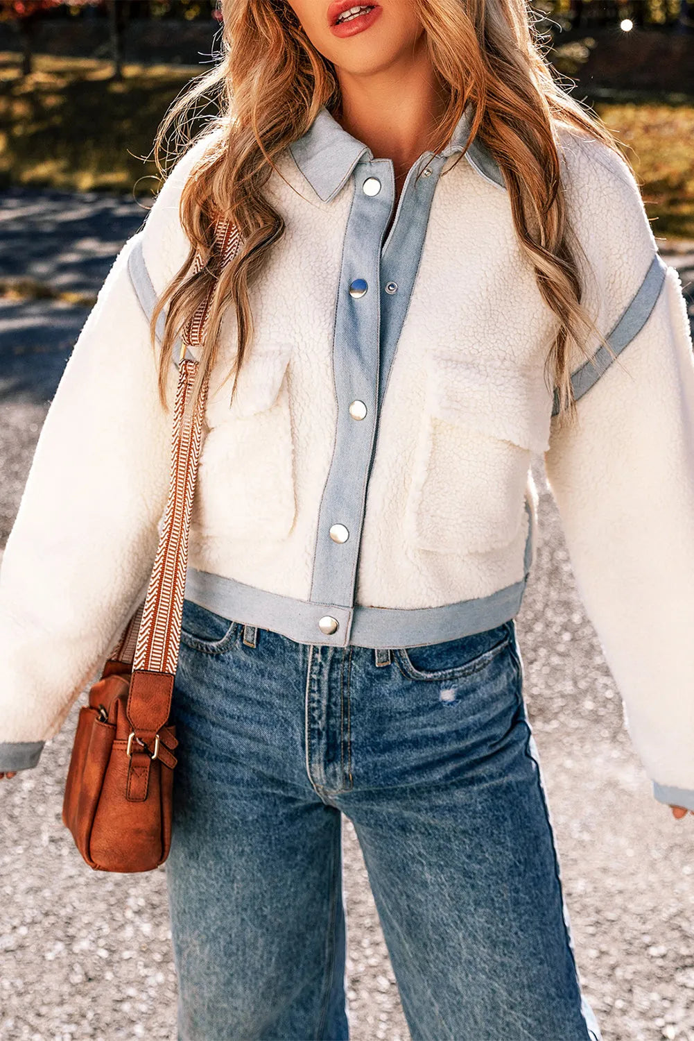 White Contrast Trim Buttoned Sherpa Jacket - Chic Meadow Boutique 