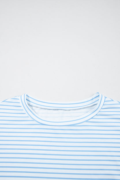 Sky Blue Stripe Floral Three Quarter Sleeves Patchwork Drop Shoulder Top