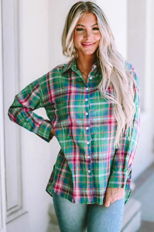 Tops/Blouses & Shirts Green / S / 90%Cotton+10%Polyester Green Plaid Long Sleeve Button Down Split Shirt