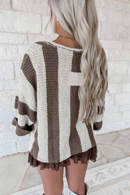 Brown Stripe Colorblock V Neck Bracelet Sleeve Sweater