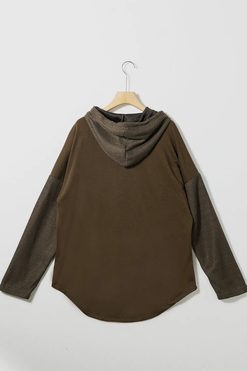 Dark Brown Button Up Contrast Knitted Sleeves Hooded Jacket - Chic Meadow Boutique 