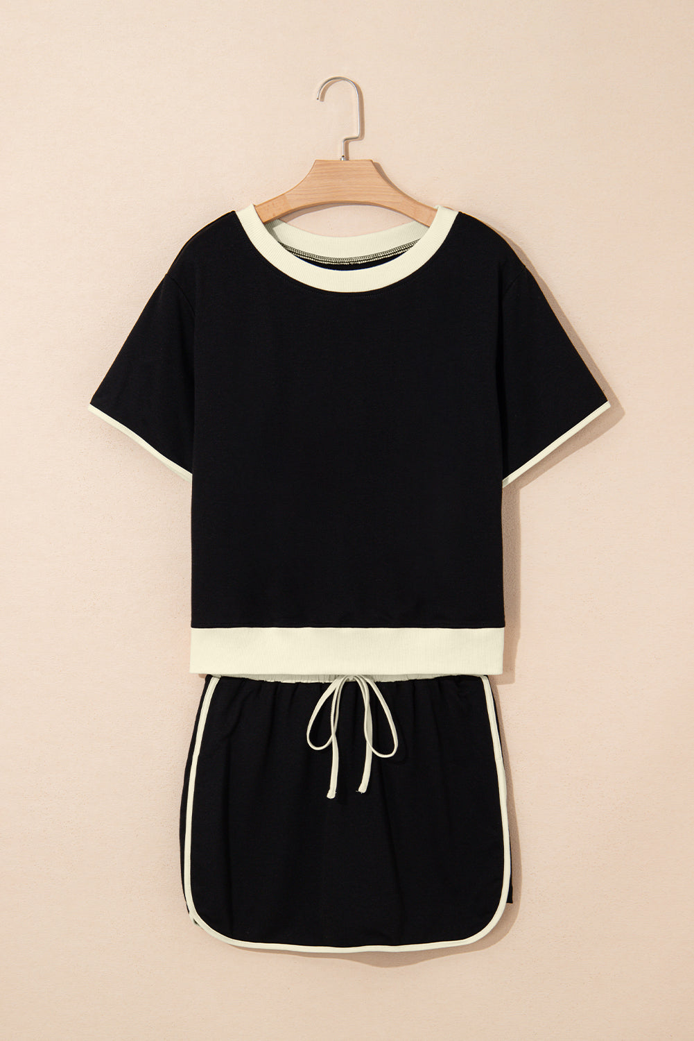 Black Colorblock Edge Drop Shoulder T Shirt and Skort 2Pcs Set