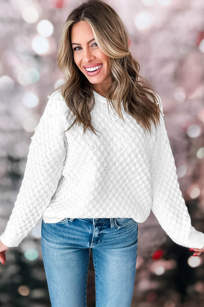 White Solid Textured Knit Pearl Embellished Pullover Sweater