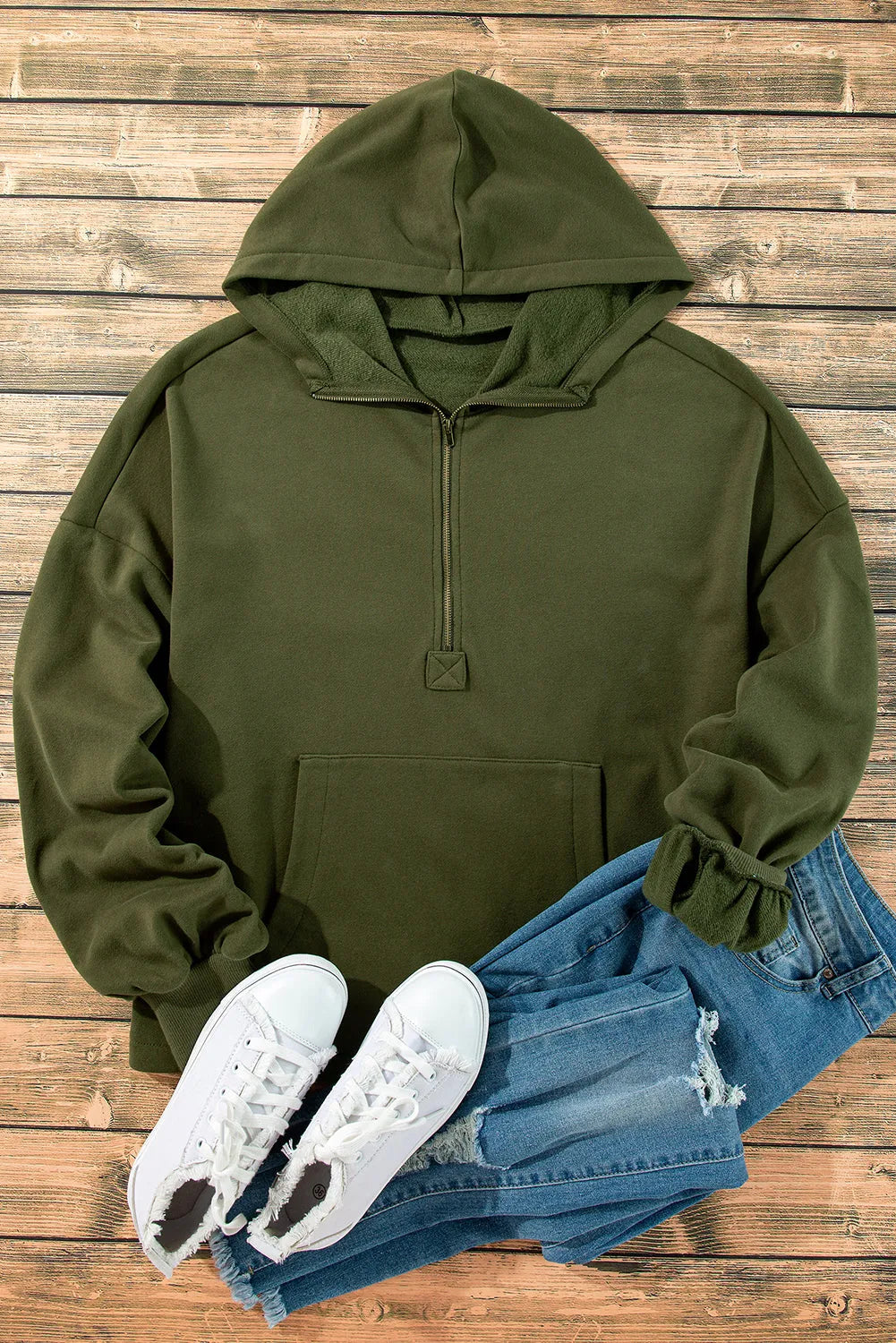 Moss Green Fleece Lined Half Zipper Kangaroo Pockets Loose Hoodie - Chic Meadow Boutique 