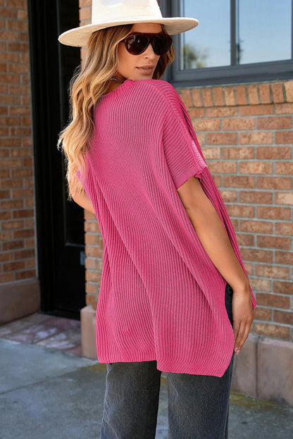 Rose Red Short Sleeve Side Slit Oversized Sweater - Chic Meadow Boutique 