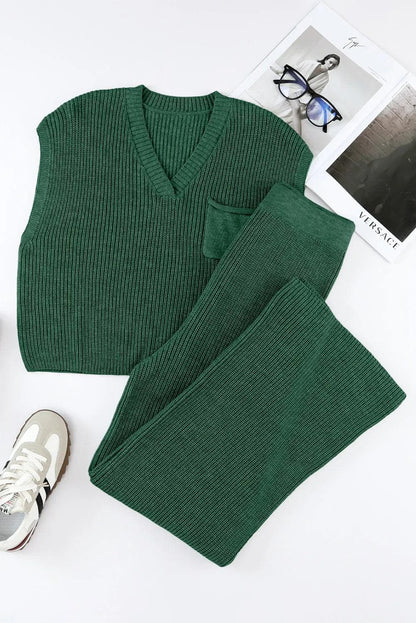 Two Piece Sets/Pant Sets Green Knitted V Neck Sweater and Casual Pants Set